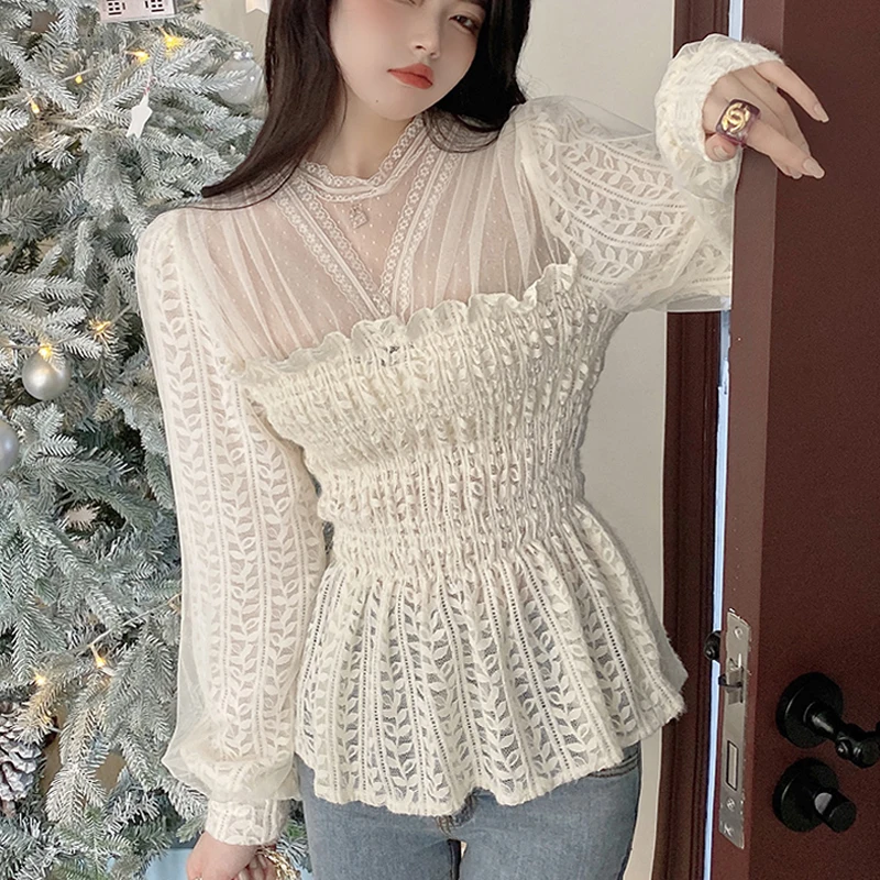 Женская шифоновая блузка с длинным рукавом Весенняя кружевная винтажная высокой