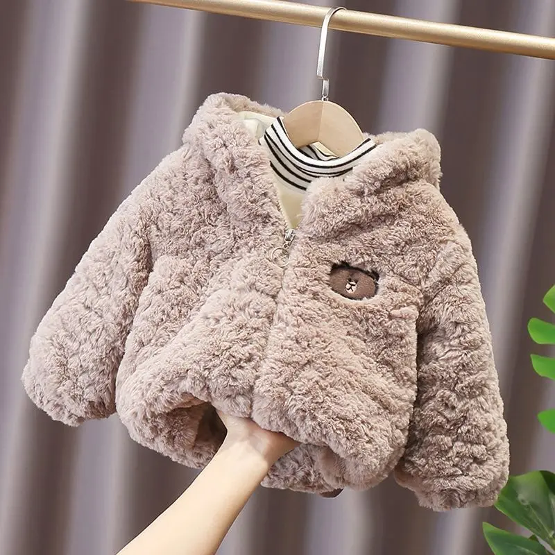 

Baby Boys Girls Plush Thickening Clothing 2021 New Winter Children Hooded Lovely Cartoon Bear Outerwer Newborn Soft Warmth Coat