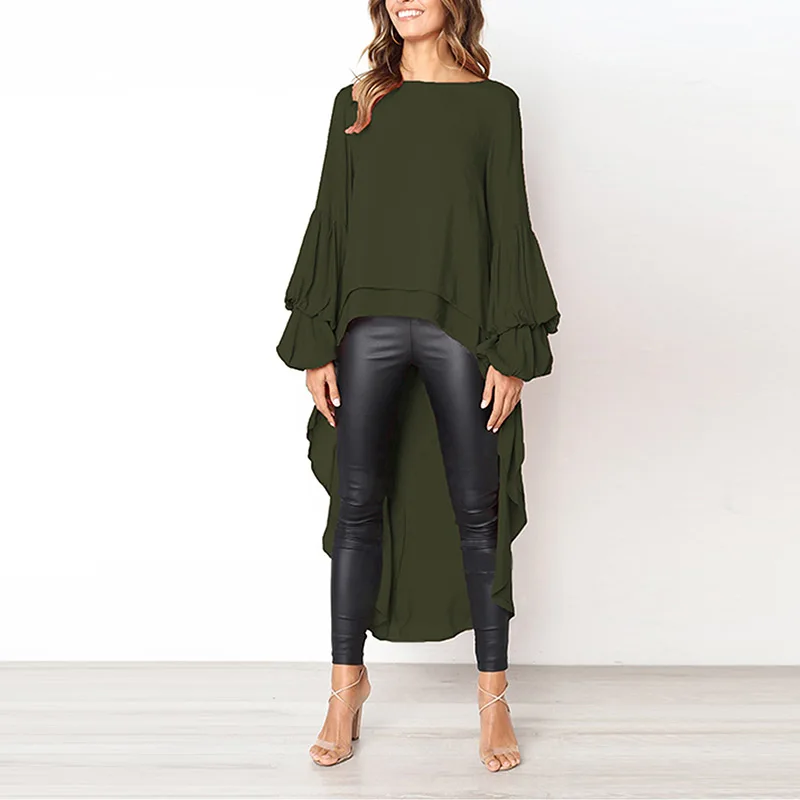 

Newest Women Loose Casual T Shirt Irregular Hem Long Sleeve Solid Blouse Tee Shirts Chiffon Tops Oversized