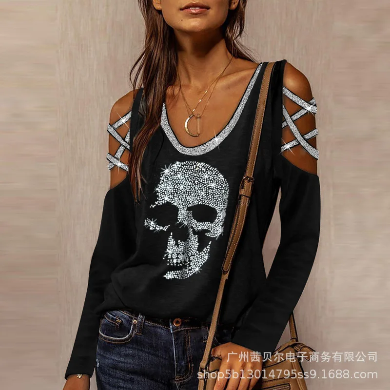 

WEPBEL Women Sexy Hollow Out Loose Shirt Top Ladies Elegant Long Sleeve O Neck Off Shoulder Blouse T-shirt