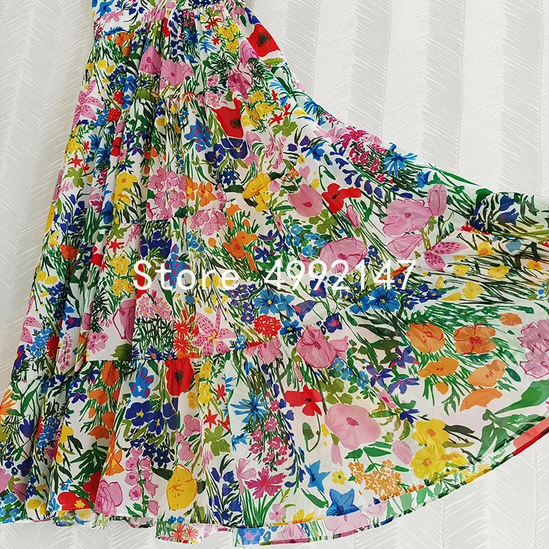 

2021 runway fashion vintage v-neck plants flowers printed ruffles long dresses women summer big hem swing dress y629