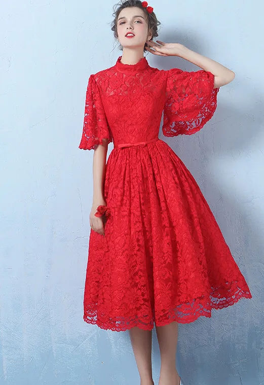 

Lace Bridesmaid Wedding Guest A-Line Dresses Vintage Stand Collar Mid-Length Skirt Elegant Slim Butterfly Sleeve Dress Prom Gown