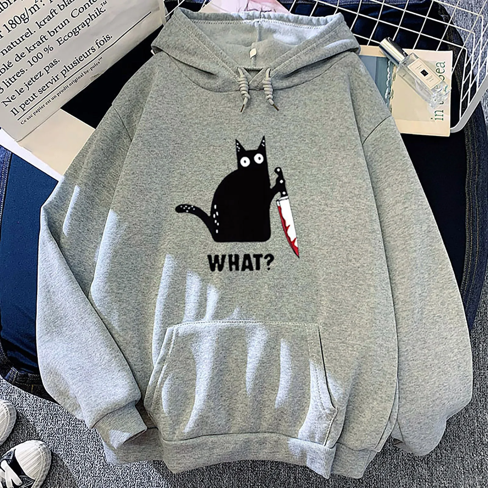 

What Letter Cute Black Cat Holding A Knife Print Women Hoody Autumn Oversize Hoodies Hip Hop Casual Hoodie Loose Soft Unisex Top