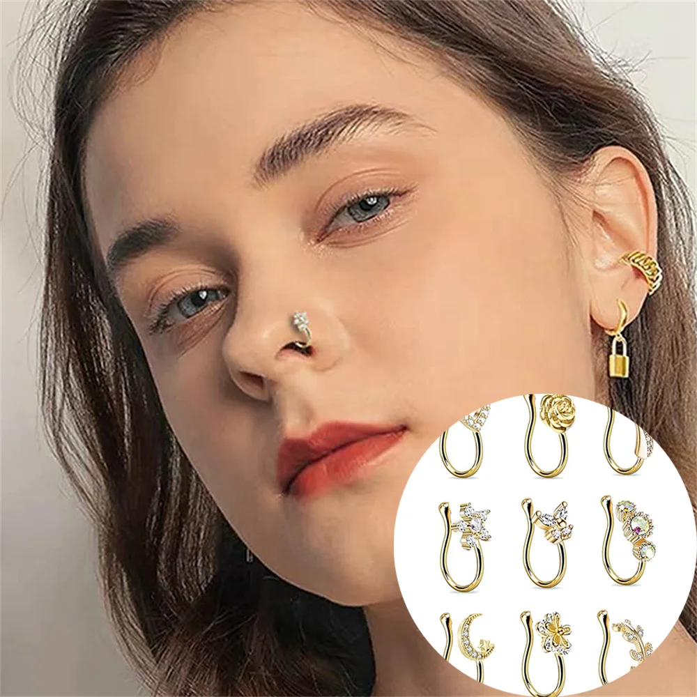 

9 Pcs Rhinestone False Nose Ring For Ladies Girls Cartilage Ear And Nose Ring Without Perforation Butterfly Moon Star Nose Ring