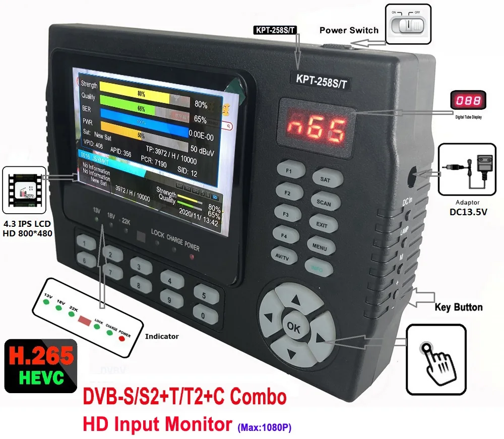 Φ S/T KPT-258HD DVB-T/T2 DVB-S2 Combo Цифровой спутниковый прибор для поиска счетчика h.265 vs kpt716ts |