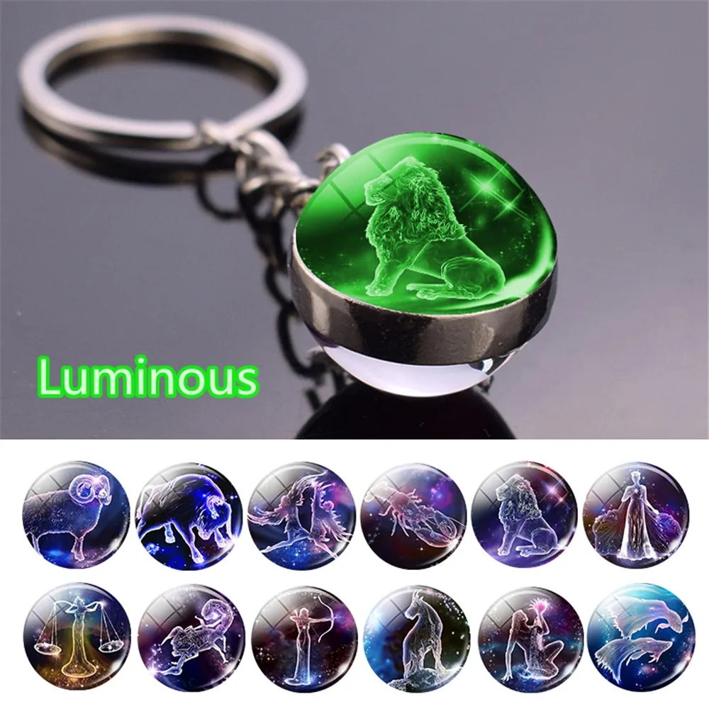 

12 Constellation Luminous Keychain Glass Ball Pendant Zodiac Keychain Glow In The Dark Key Chain Holder Men Women Birthday Gift
