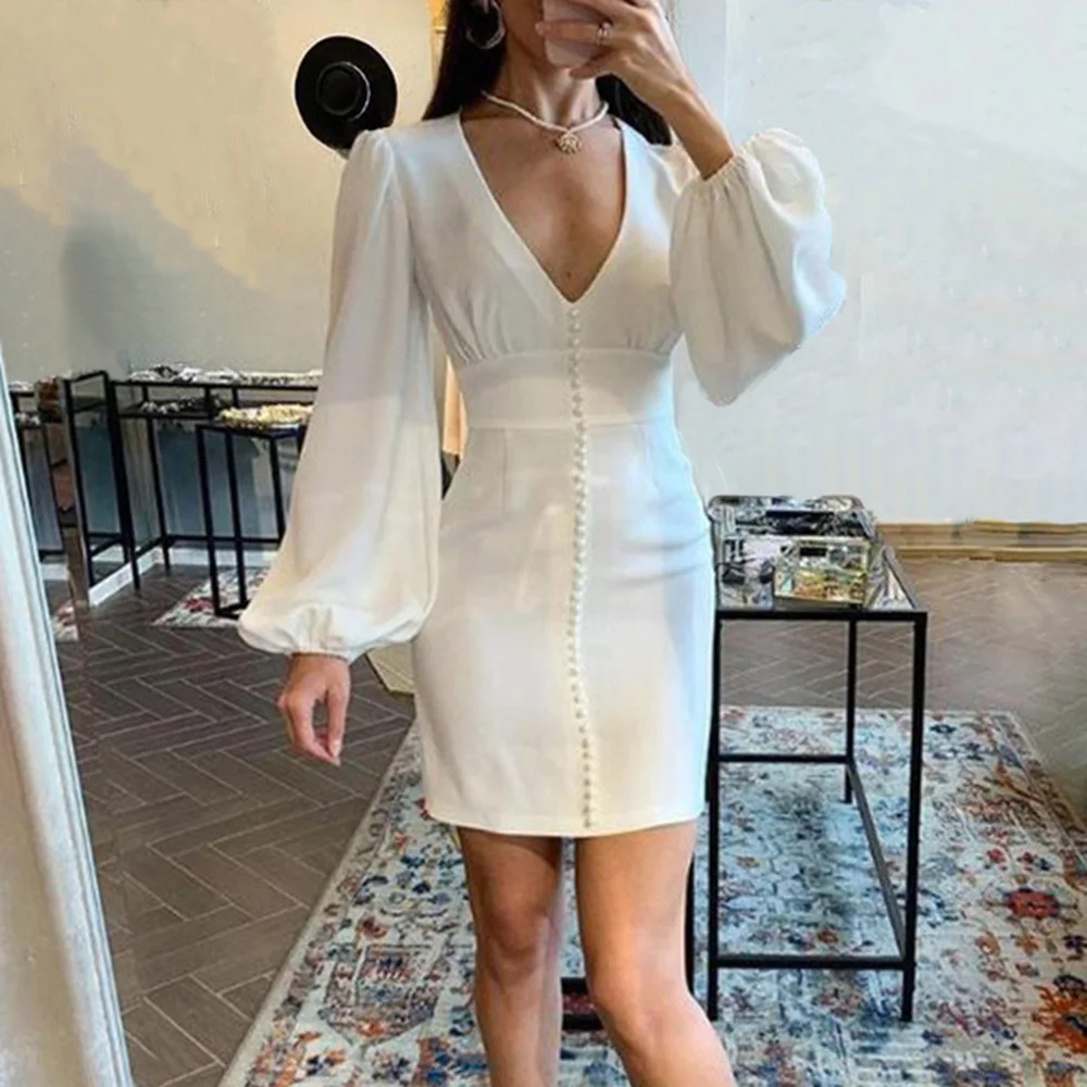 Женское сексуальное платье с v образным вырезом и рукавами фонариками на