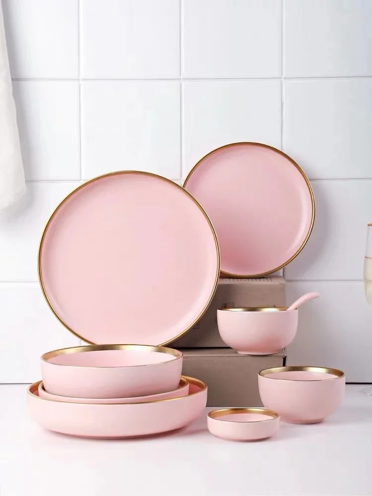 

Pink Ceramic Gold Inlay Plate Steak Food Plate Nordic Style Tableware Bowl Ins Dinner Dish High End Porcelain Dinnerware Set