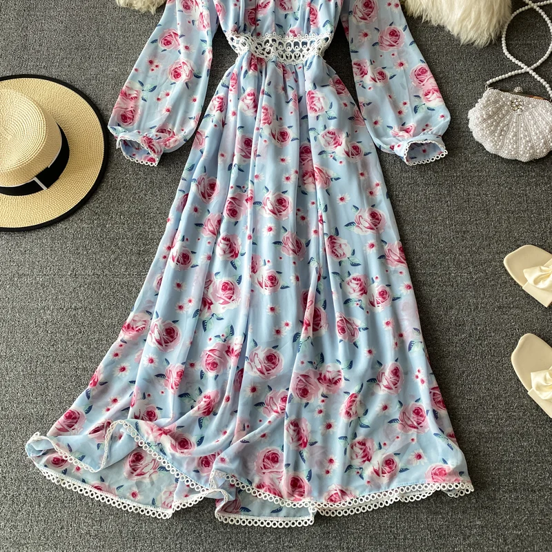 

Women's Hollow Out Chiffon Long Dress Vintage V-Neck Blue/Beige/Pink Floral Printed Long Sleeve Vestidos Fashion Spring Autumn
