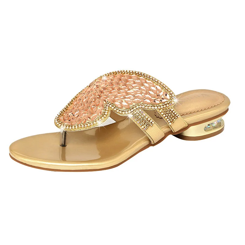 WUYAZQI Rhinestone flat slippers new summer sandals female leather diamond-studded herringbone ladies slippers low heel shoes q8