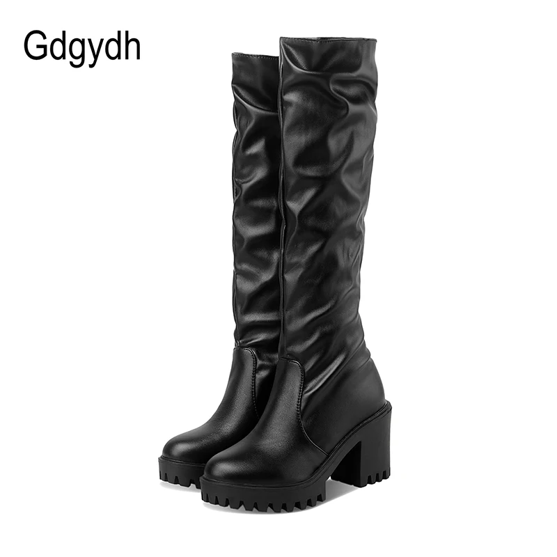 

Gdgydh News 2020 Hot Sales Women Lace-up Knee-High Boots Round Toe Platform Square Heel Female Motorcycle Boots Soft Women Shoes