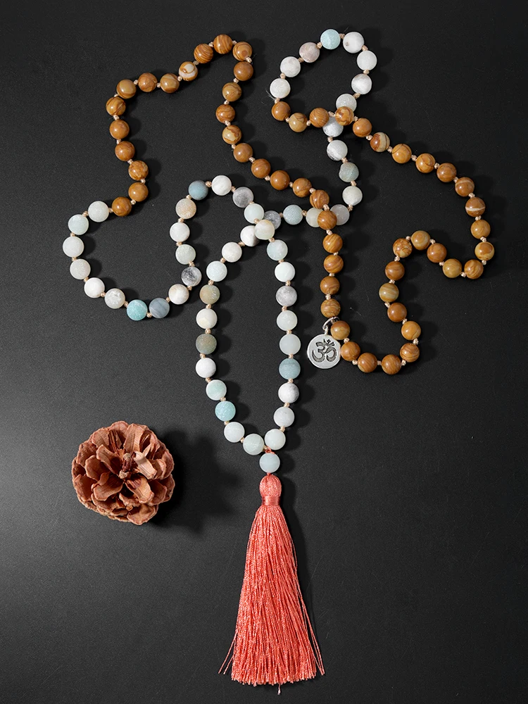 

OAIITE Yoga Meditation Necklace Natural Amazonite Stone 108 Bead Necklace Handmade Knot Prayer Long Tassel Strand Necklace