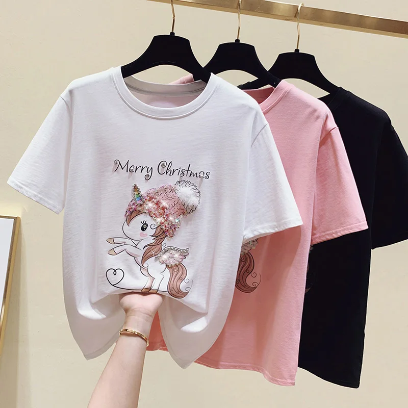 

gkfnmt 2021 Summer Tops Beading Tshirt T-Shirt Casual Tee Shirt Femme Korean Cotton Short Sleeve Girls T Shirt Women Clothes