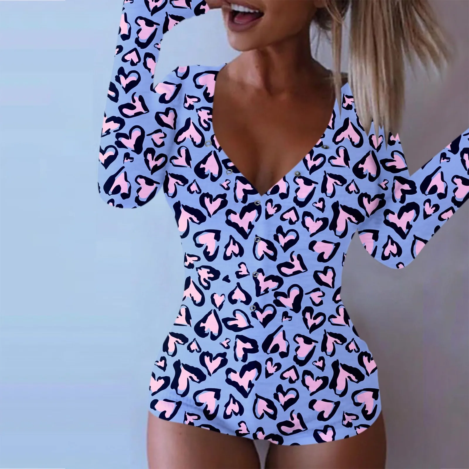 

Lips Print Sexy Women Onesies Bodysuit Long Sleeve Functional Buttoned Flap V Neck Bodycon Short Romper Pajamas Overalls 잠옷 #F3