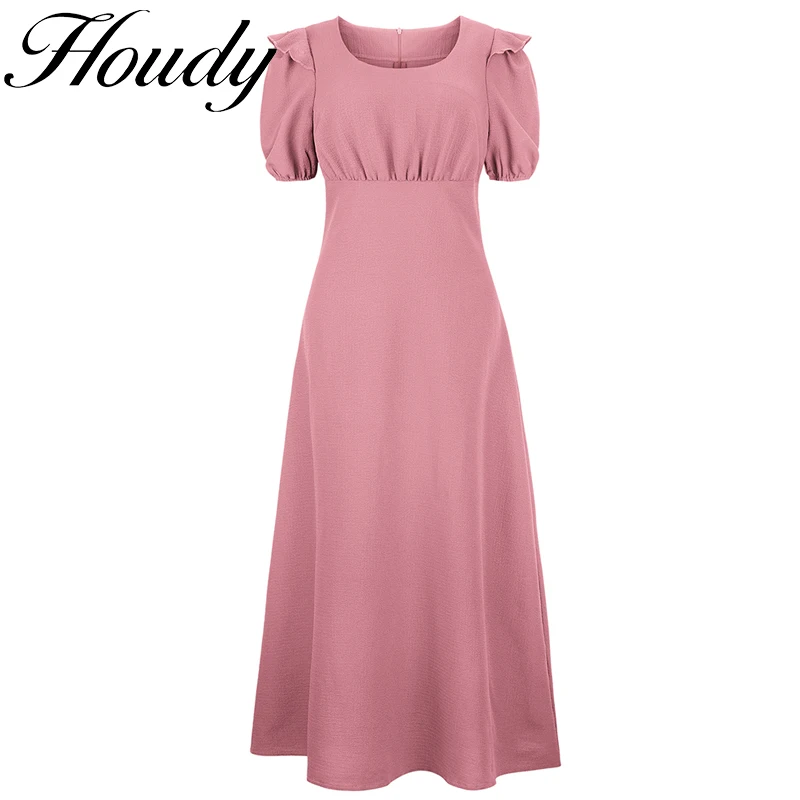 

Pure Color Cotton Puff Sleeve Dress Woman Summer Midi Dress Short Sleeve Cascading Ruffles Blouses Dress Party Casual Wear