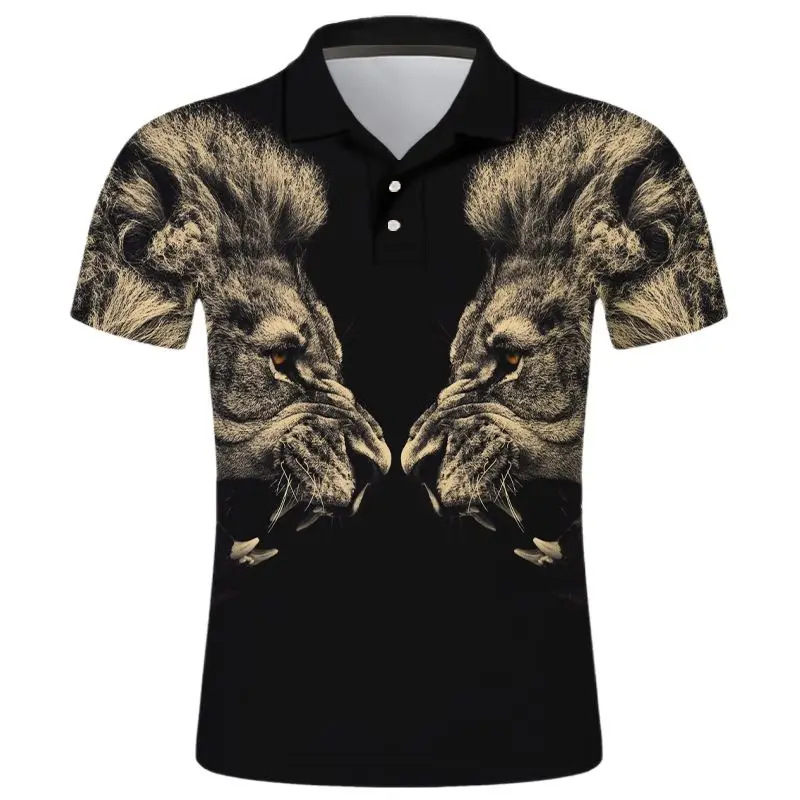 

3D Printed Sweatshirts New Summer Men Polo Shirt Fierce Lion Short Sleeve Tops Funny Animal Shirt Casual Lapel Shirt Streetwear