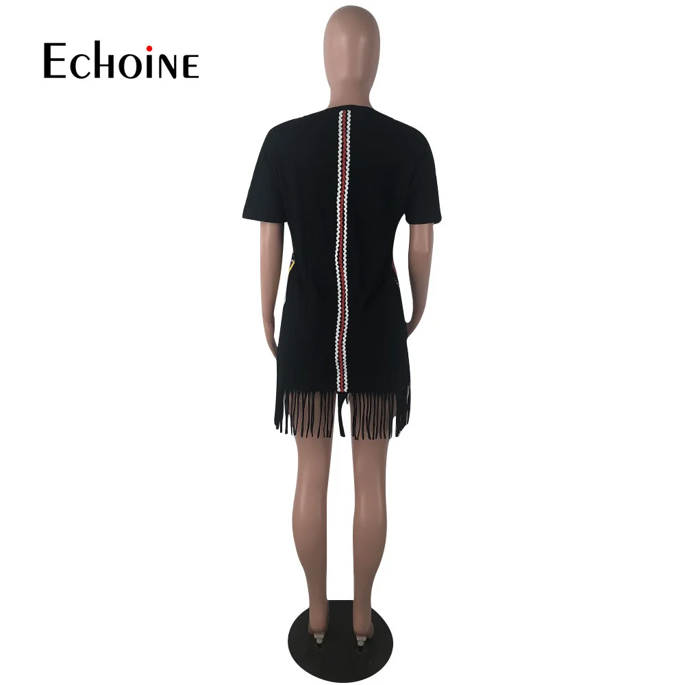 

Echoine 2020 Colored Letter Print Fashion Tassel Mini Dresses Women Casual O neck Short Sleeve Summer Sexy Club Party Dress