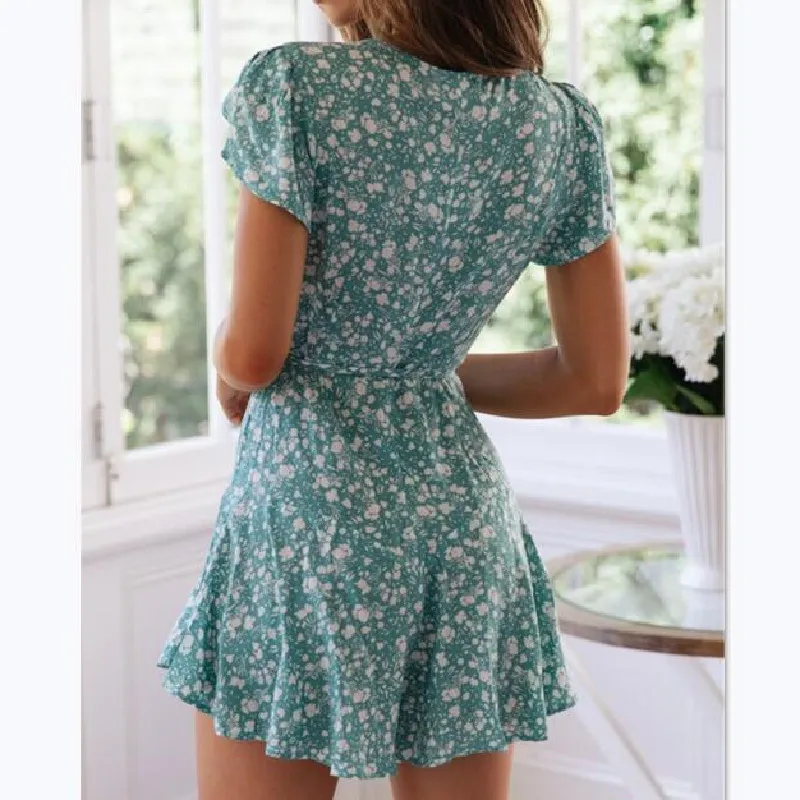 

Summer Vintage Casual Print Women Dress Elegant Deep V-neck Sexy Slim Dress for Women