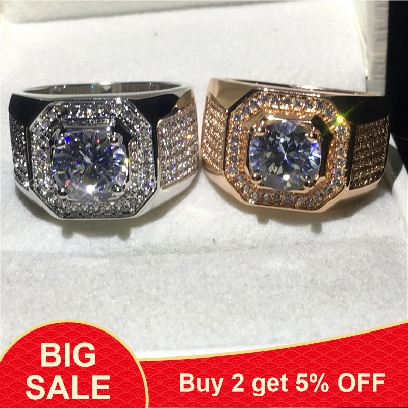 Кольцо мужское из белого золота с фианитом 3 карата 5 А 2 цвета | Украшения и