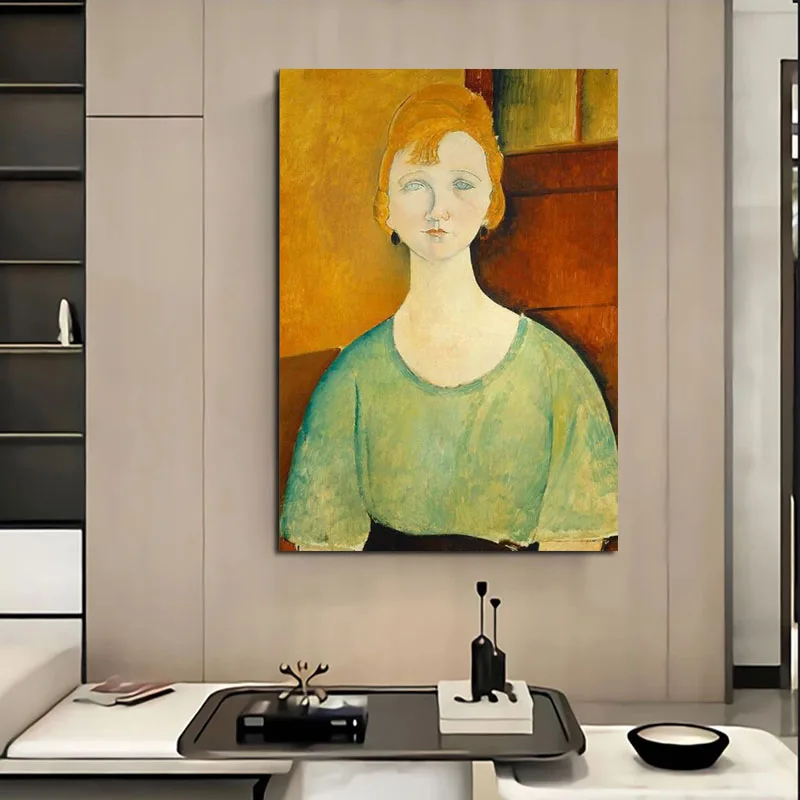 

Modern Hand Painted Girl in a Green Blouse Canvas Oil Painting Artwork Aesthetic Poster Picture Wall Hanging Decor Home Decor