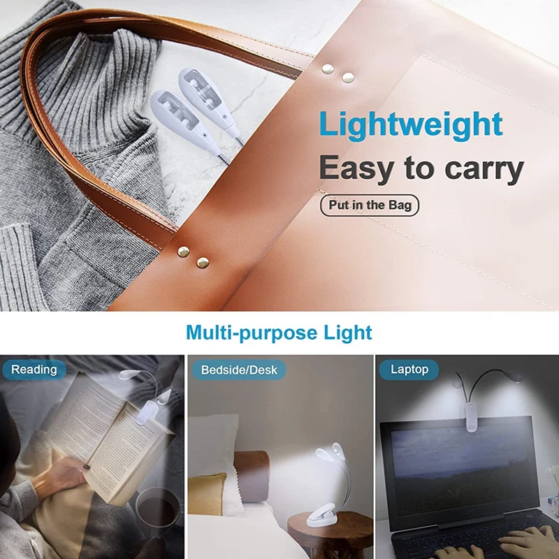 

Music Stand Light, White Clip on LED Book Lights, USB and AAA Battery Operated, Reading Lamp in Bed, 4 Brightness Levels