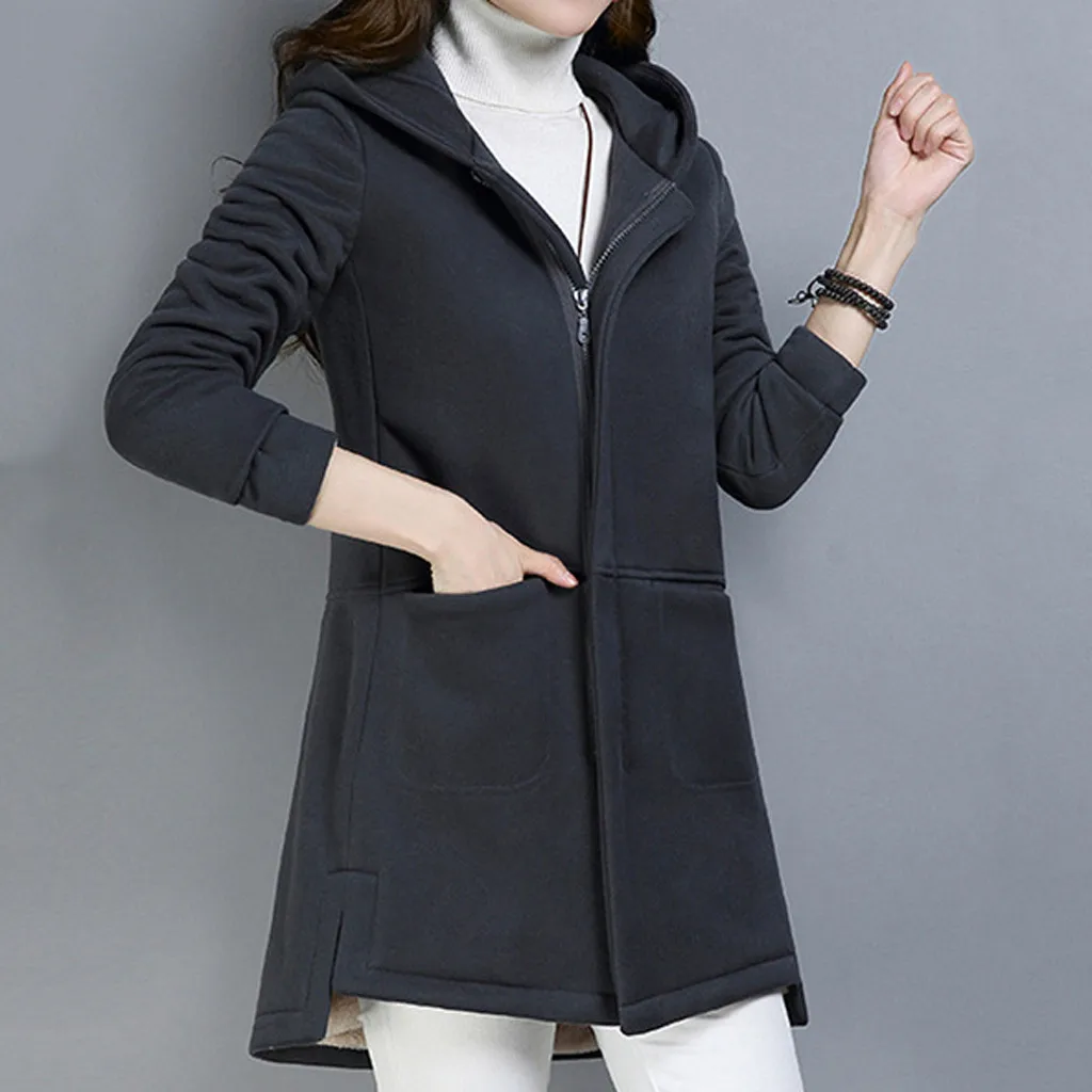 Женское длинное пальто с капюшоном теплое плотное приталенное флисовой