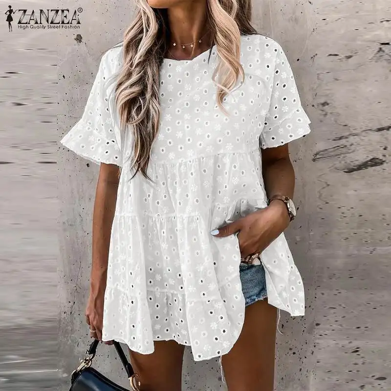 

Women Elegant Floral Embroidery Top ZANZEA Summer Lace Crochet Blouse Tunic Casual O Neck Short Sleeve White Shirt Ruffle Blusas