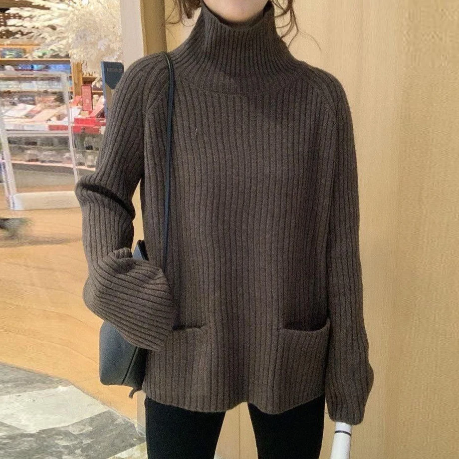 2021 autumn and winter new sweater women simple casual pocket knit sweater high neck thin loose knit bottoming shirt women