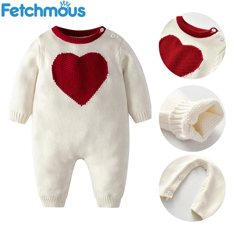 

Heart Print Baby Knitted Romper Fall Winter Winter Newborn Clothes 0 To 18 Months Boy Girl Toddler Jumpsuit Long Sleeve Warm