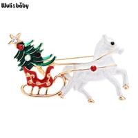 wulibaby carrying christmas tree carriage brooches for women white horse new year brooch pin gifts
