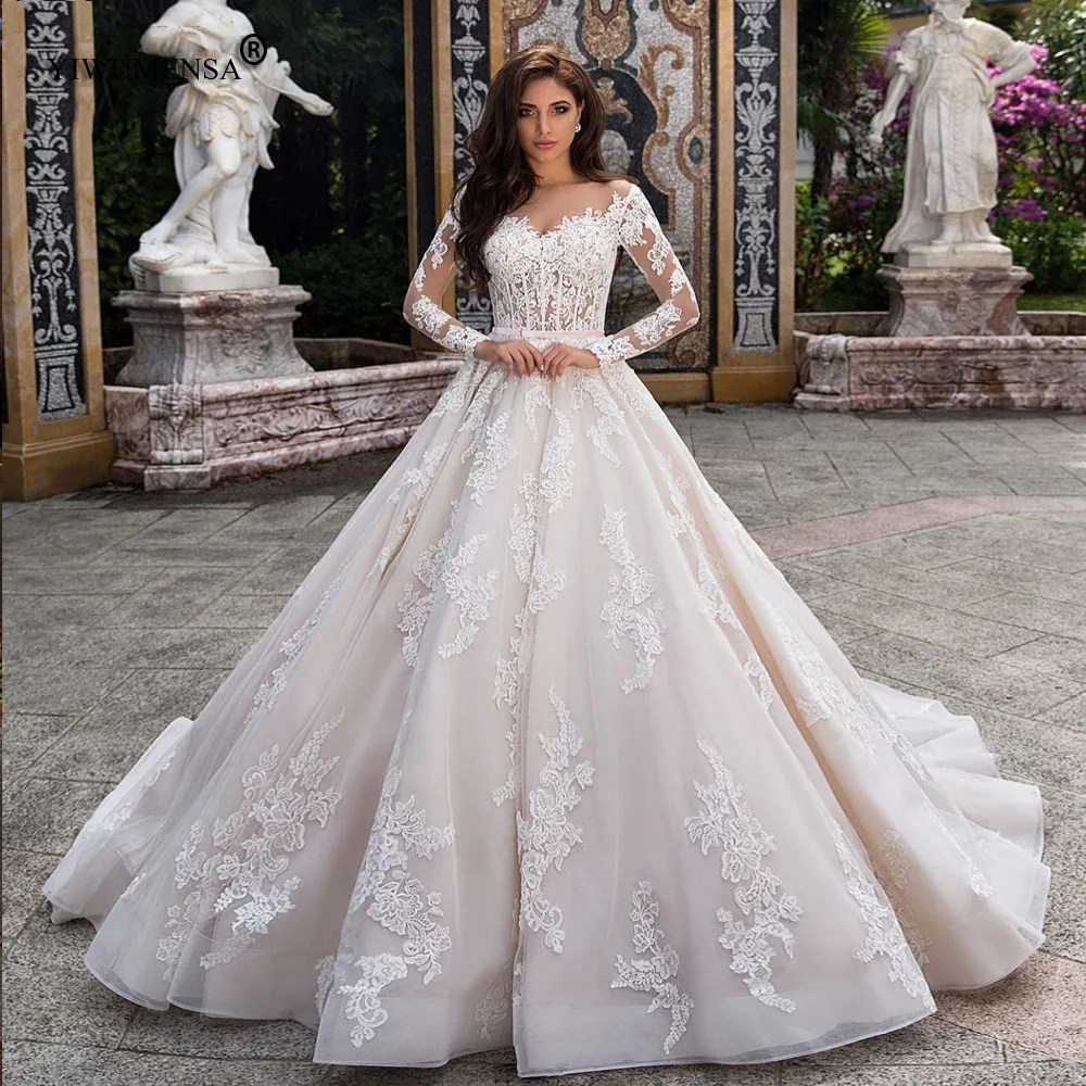 

Champagnes Tulle Ivory Lace Appliques Princess Bohemian Wedding Dresses Elegant A Line Women Bridal Gowns Plus Size Robe Mariee