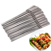 10pcs reusable flat stainless steel barbecue skewers bbq needle stick for garden outdoor camping picnic tools cooking tools