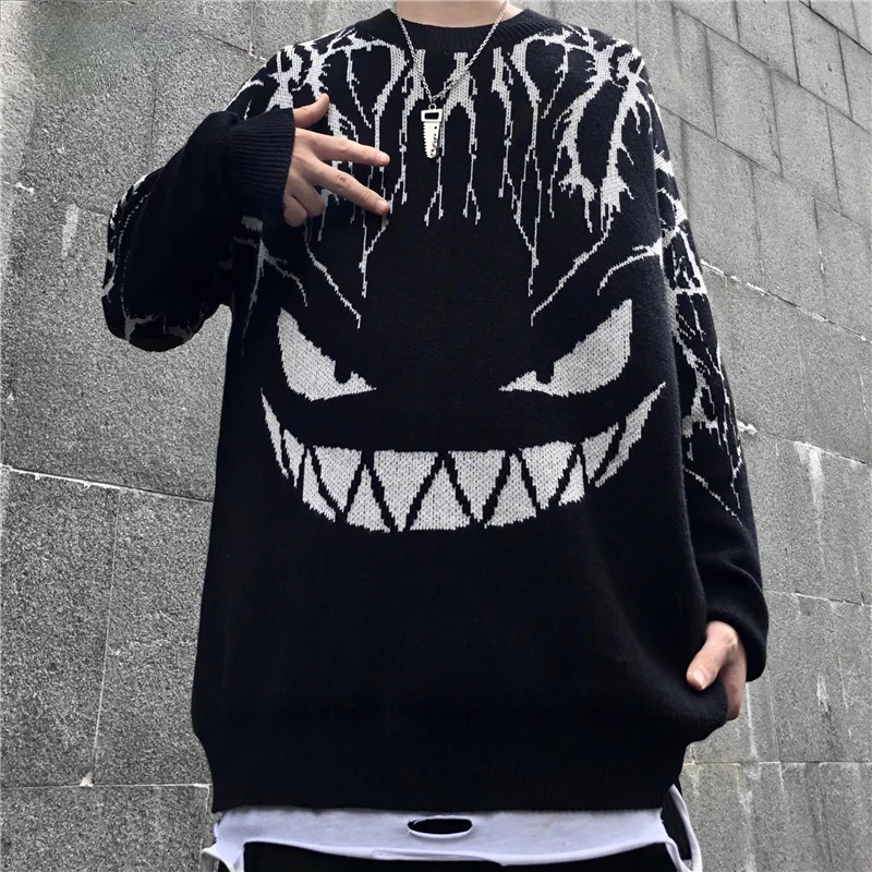 

Harajuku Black Sweater Women Men Lightning Devil Knitted Jumper Oversize Pullover Hip Hop Streetwear 2021 Autumn Sweaters Tops