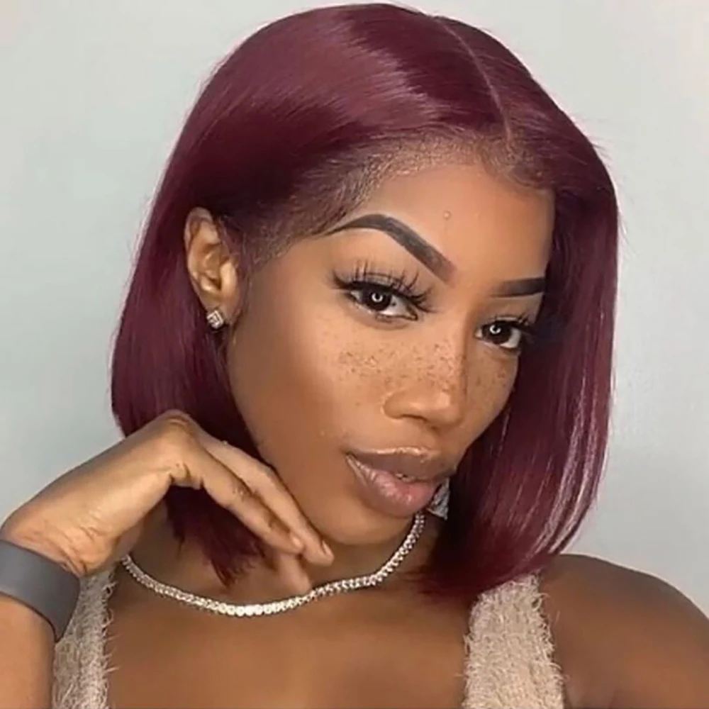 

4X13 парики из человеческих волос на сетке спереди, прямые короткие парики боб, цветные 99J темно-бордовые красные бразильские волосы для черны...