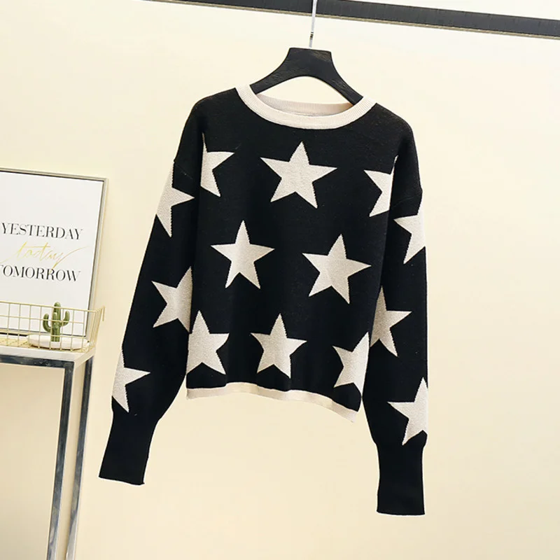 

High Quality Autumn Korean Fashion Casual Soft Knitted Tops Stars Jacquard Pullover Sweater Women Long Sleeve Jumper Pull Femme