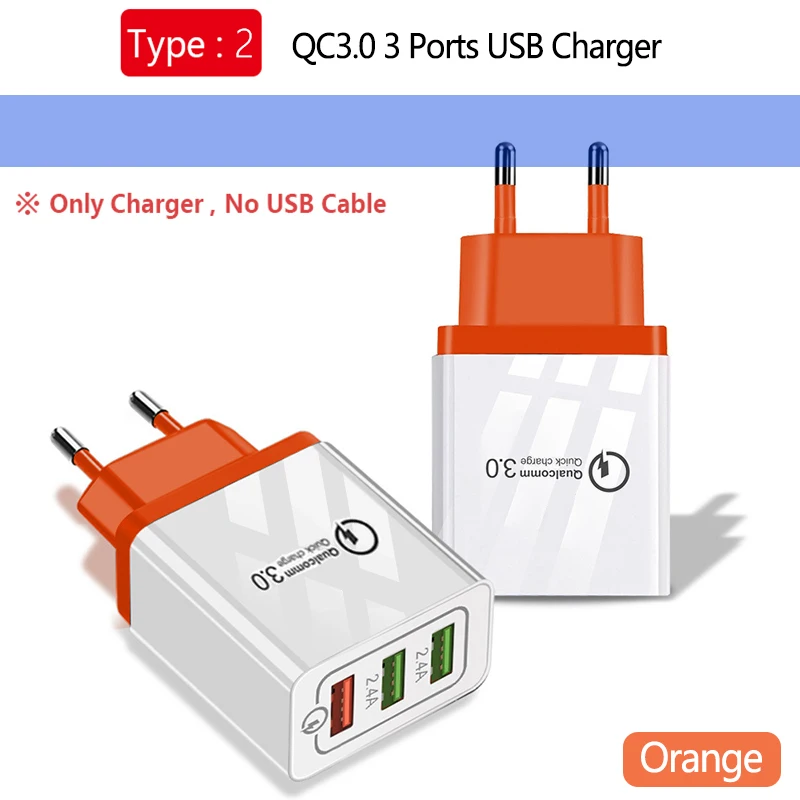 3 порта USB настенное зарядное устройство QC3.0 быстрое зарядное устройство s 5 V/2.4A 18W Быстрая зарядка для samsung Xiaomi huawei iPad iPhone Micro type-C кабель - Тип штекера: QC3.0 Charge Orange