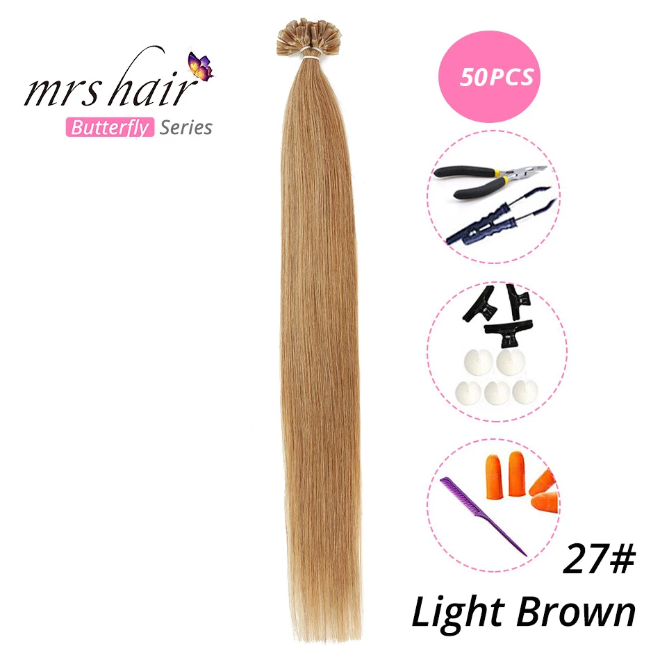 MRS HAIR, 1 г/шт., 14 дюймов, 16 дюймов, 20 дюймов, 24 дюйма, накладные волосы, прямые волосы Remy Nail, кератиновые человеческие волосы, 50 шт - Цвет: KUT27-50