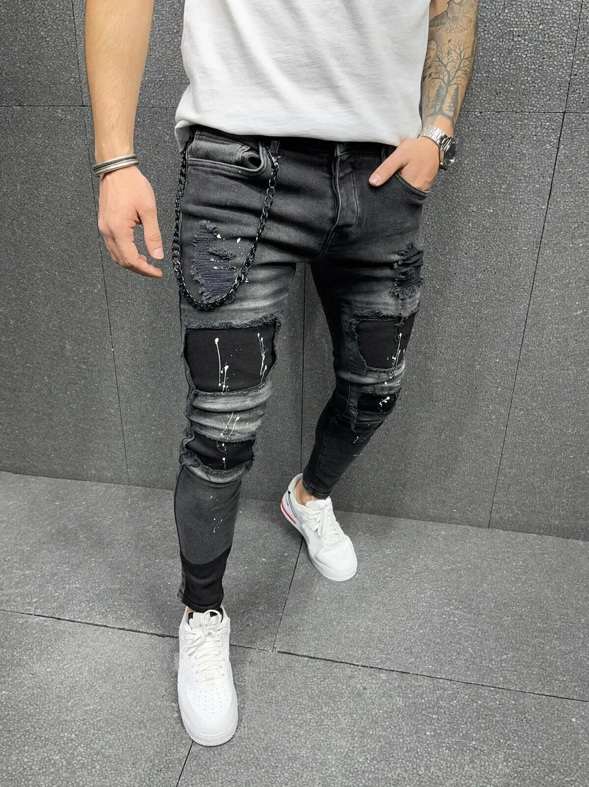 

2021 Men Ripped Skinny Jeans High Quality Black Patchwork Biker Pencil Pants Locomotive Denim Pants Streets Hip Hop Cowboy Trous