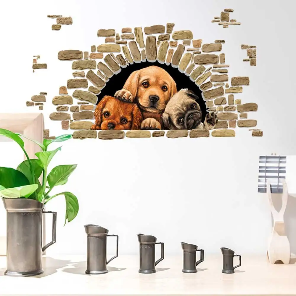 Cute Three Puppies Wall Stickers Bedroom Living Room For Home Decor Kids Room Decals Background Decoration Lovely Dogs Poster
