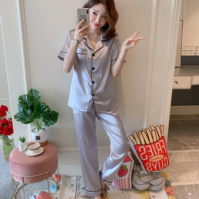 Пижамный комплект Для женщин шелковая футболка с короткими рукавами длинные
