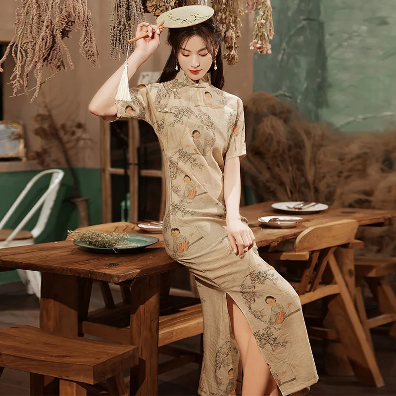 

Современное льняное Ципао с коротким рукавом и воротником-стойкой, китайское традиционное улучшенное сексуальное платье Чонсам с высоким ...