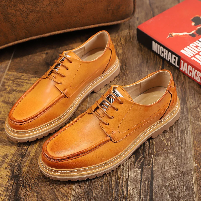 

В Корейском стиле; Повседневные мужские туфли оригинальная кожаная обувь дышащие трендовые мужские туфли со шнуровкой в стиле юного джентл...