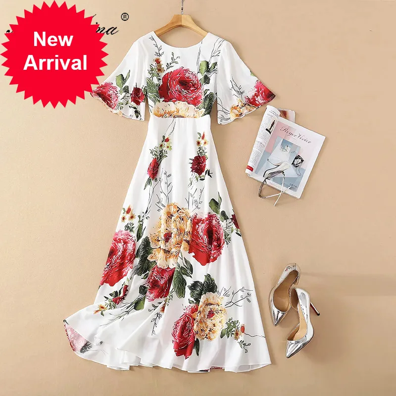 

Fashion Designer Dress Summer Women's dress Short sleeve Rose Floral Print Beach Vacation Maxi Dresses