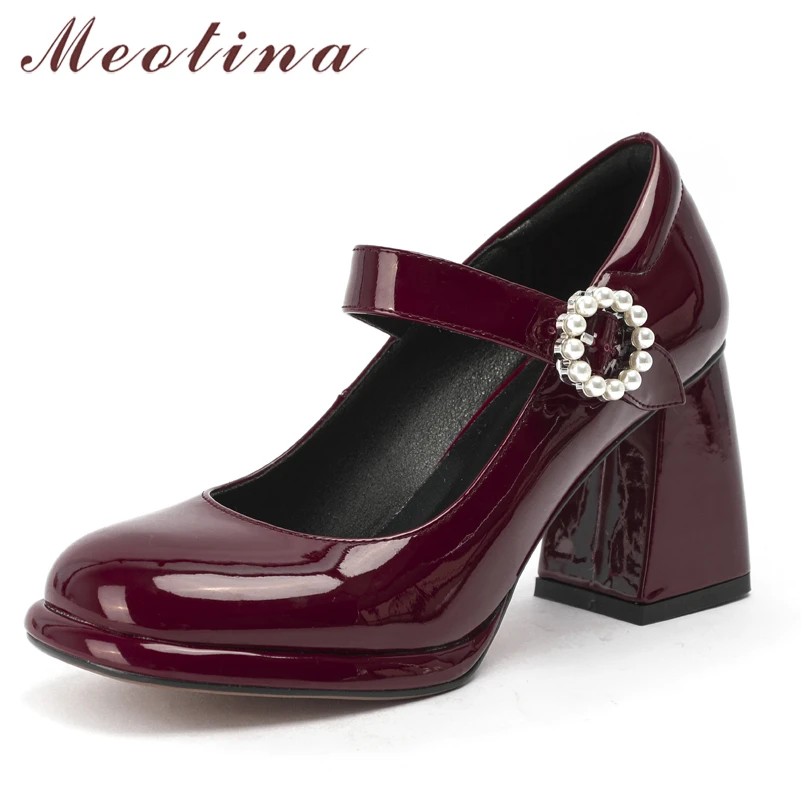 

Туфли Meotina женские из лакированной кожи, туфли-лодочки на толстом высоком каблуке, элегантная обувь с бусинами, шнурок для обуви, белые, 41
