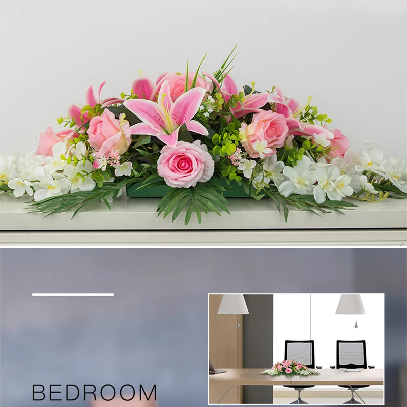 

custom Artificial flower conference table flower row rose lily leaf wedding party decor table centerpieces diy flower runner