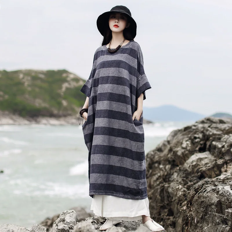 Женское платье в полоску Johnature хлопковое льняное с рукавами летучая мышь