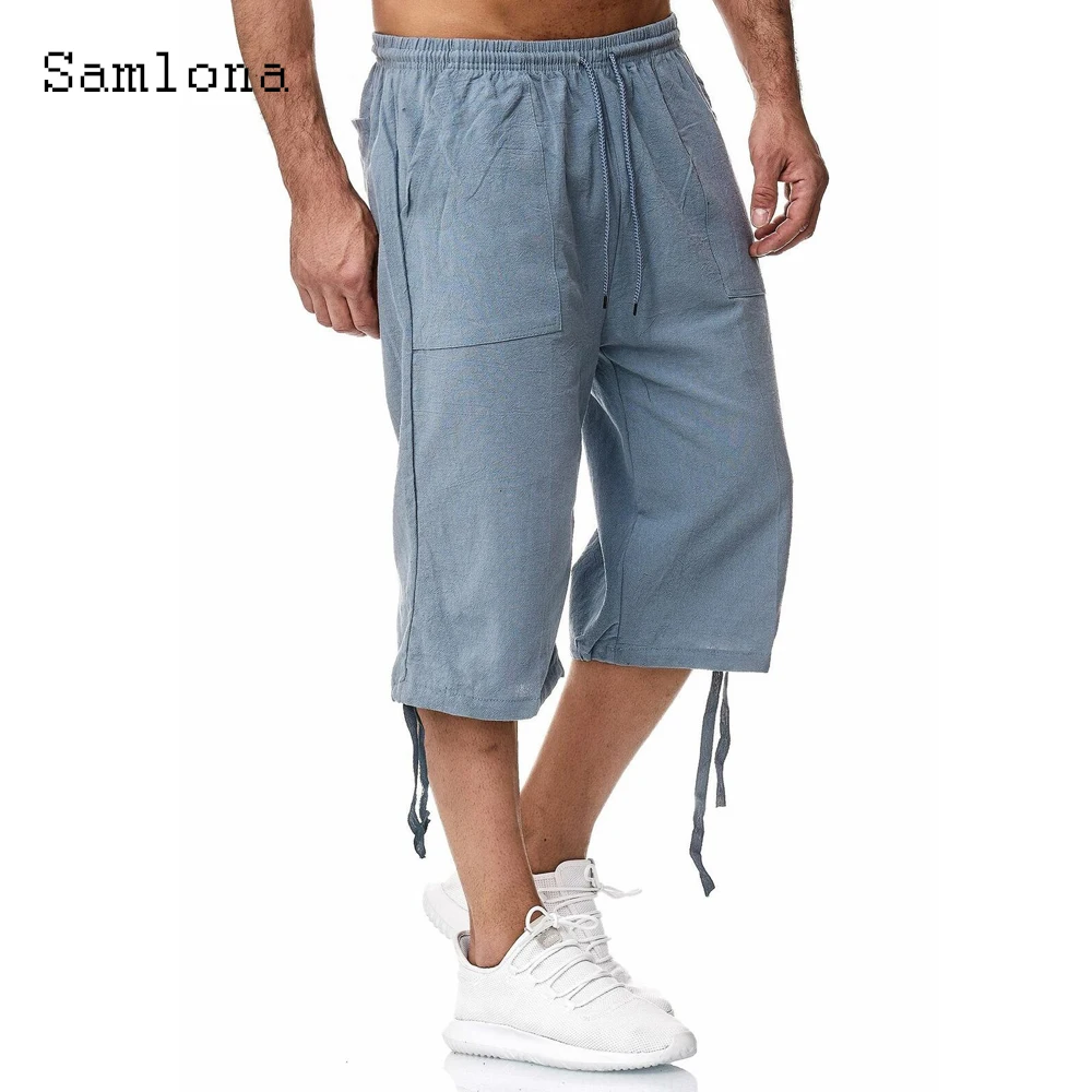 Samlona Plus Size 4xl Mens Linen Pants 2023 Summer Calf-Length Pants Male Drawstring Trousers Blue Khaki Outdoor Casual Pantalon