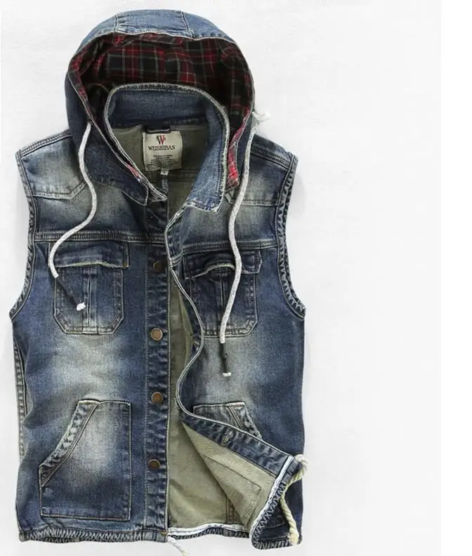 Мужской джинсовый жилет без рукавов облегающий Байкерский с шапкой