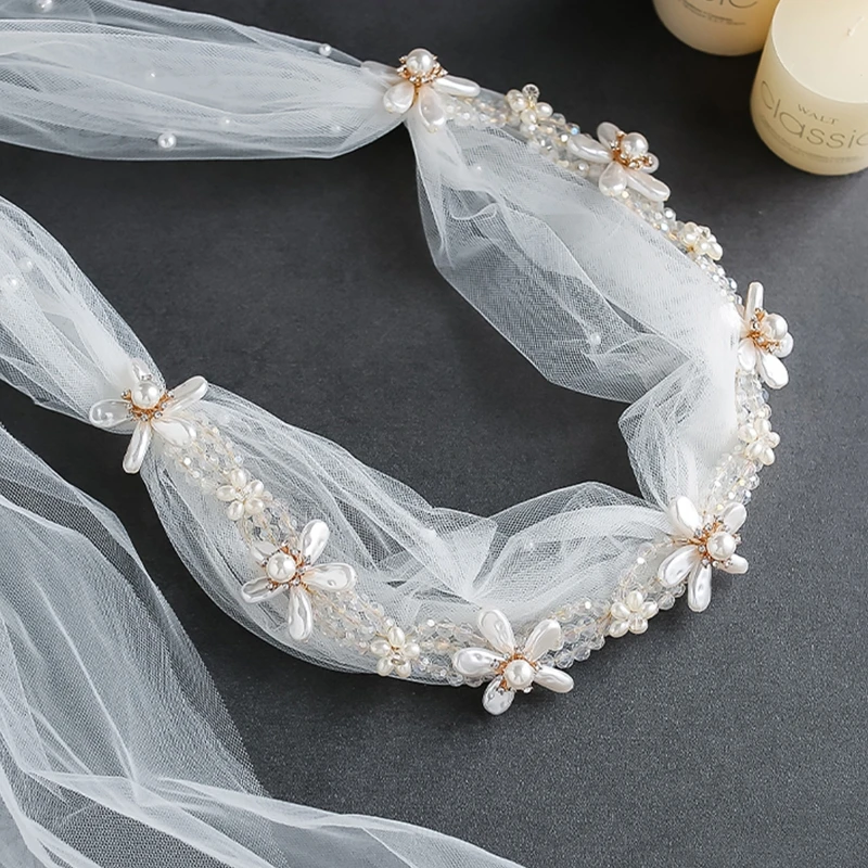 

Wedding Bridal Headband with Mesh Veil Faux Crystal Chain Pearl Flower Hair Hoop X7YC
