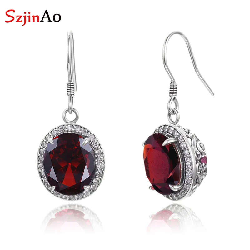 

SzjinAo Handmade Round Big Garnet Earrings Real 925 Sterling Silver Luxury Fine Jewelry Women Birthstone Earring Wholesale